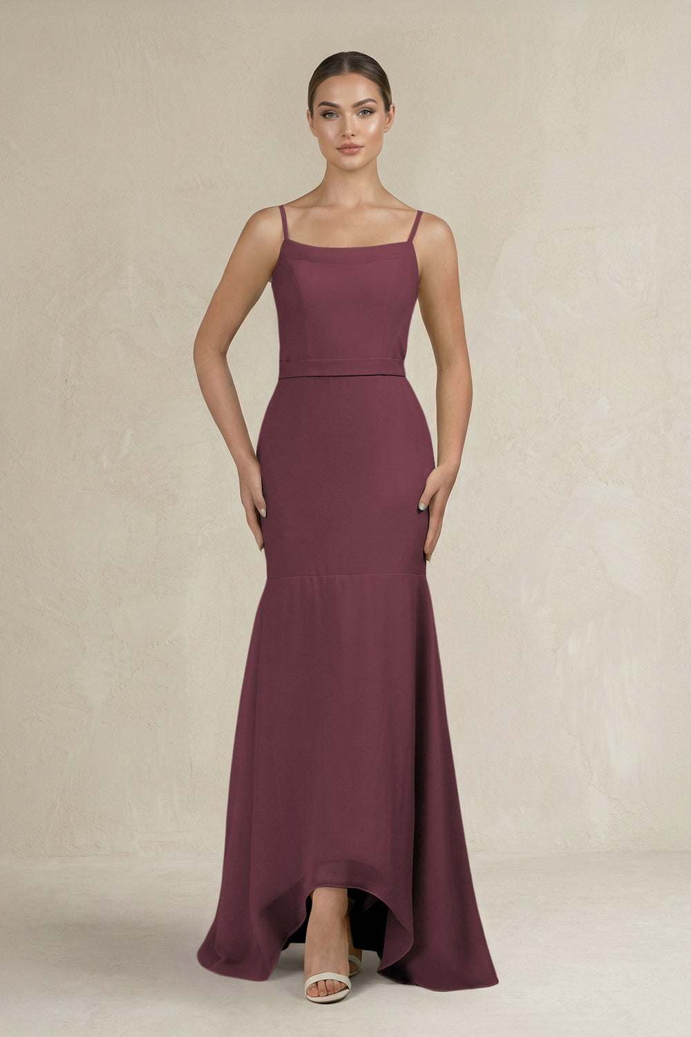 Cami Strap Mermaid Ruffled Chiffon Bridesmaid Dress in Desert Rose
