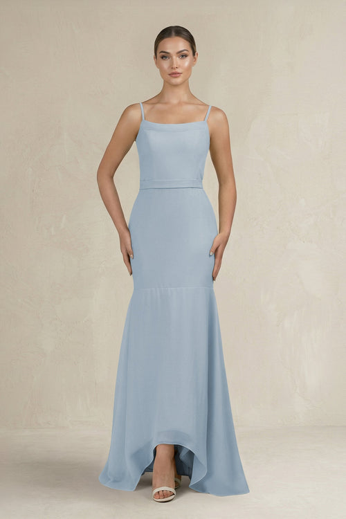 Cami Strap Mermaid Ruffled Chiffon Bridesmaid Dress in Dusty Blue - SHE IS ME Bridesmaid Dresses