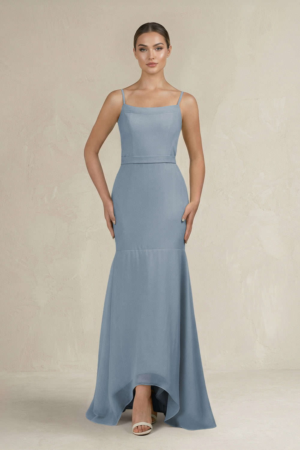 Cami Strap Mermaid Ruffled Chiffon Bridesmaid Dress in Dusty Blue