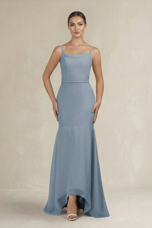 Cami Strap Mermaid Ruffled Chiffon Bridesmaid Dress in Dusty Blue | KISSBRIDAL