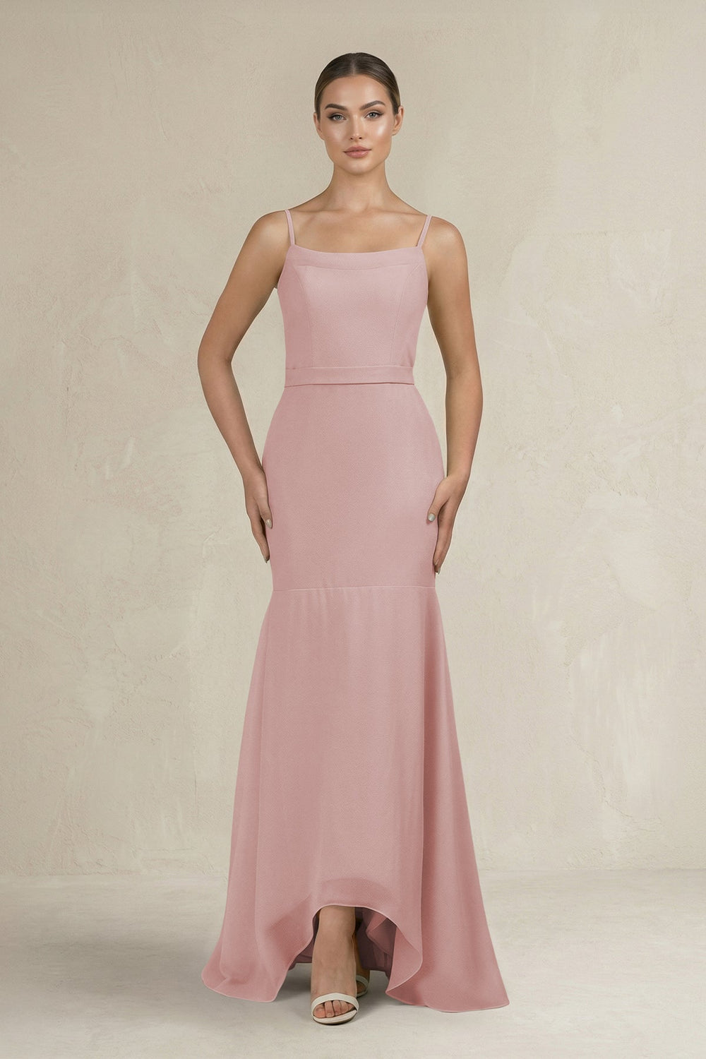 Cami Strap Mermaid Ruffled Chiffon Bridesmaid Dress in Dusty Rose - SHE IS ME Bridesmaid Dresses
