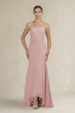Cami Strap Mermaid Ruffled Chiffon Bridesmaid Dress in Dusty Rose - KISS BRIDAL Bridesmaid Dresses
