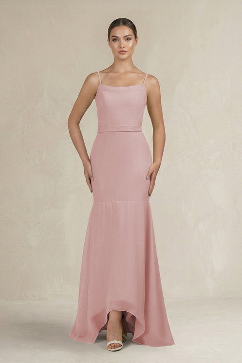 Cami Strap Mermaid Ruffled Chiffon Bridesmaid Dress in Dusty Rose - KISS BRIDAL Bridesmaid Dresses