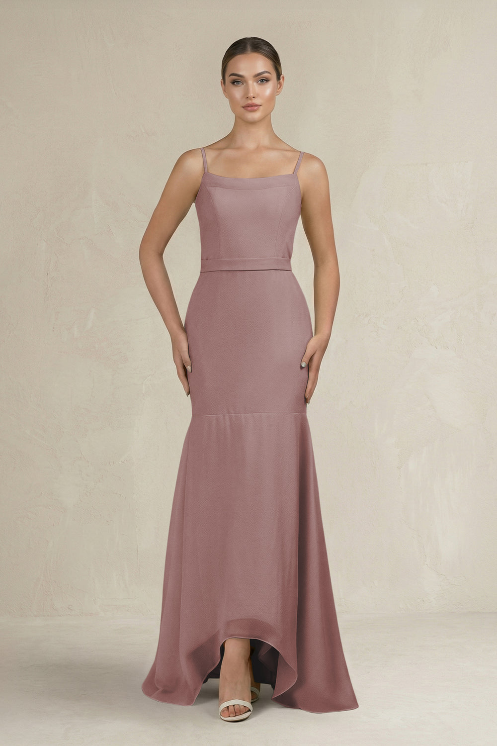 Cami Strap Mermaid Ruffled Chiffon Bridesmaid Dress in Dusty Rose