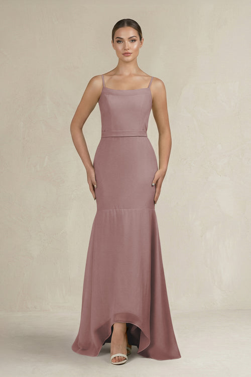 Cami Strap Mermaid Ruffled Chiffon Bridesmaid Dress in Dusty Rose | KISSBRIDAL