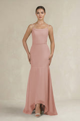 Cami Strap Mermaid Ruffled Chiffon Bridesmaid Dress in English Rose | KISSBRIDAL