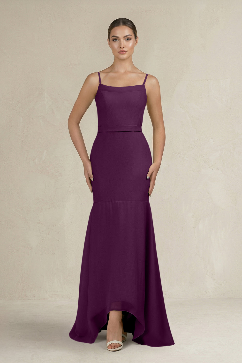 Cami Strap Mermaid Ruffled Chiffon Bridesmaid Dress in Fig