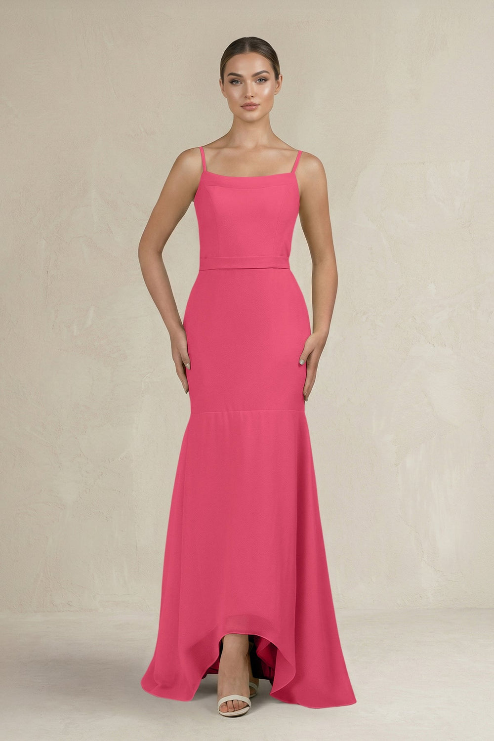 Cami Strap Mermaid Ruffled Chiffon Bridesmaid Dress in Fuchsia - SHE IS ME Bridesmaid Dresses
