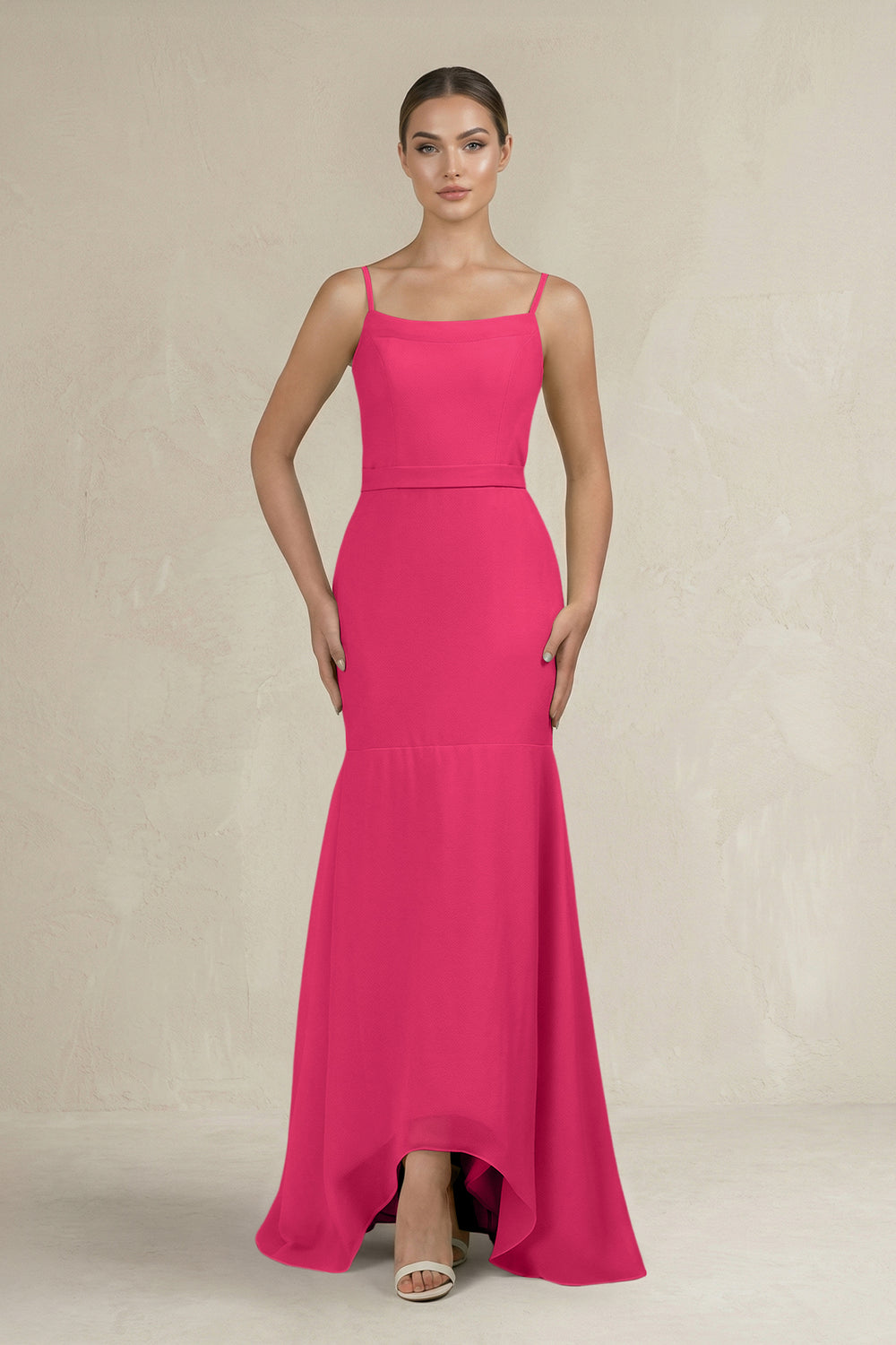 Cami Strap Mermaid Ruffled Chiffon Bridesmaid Dress in Fuchsia