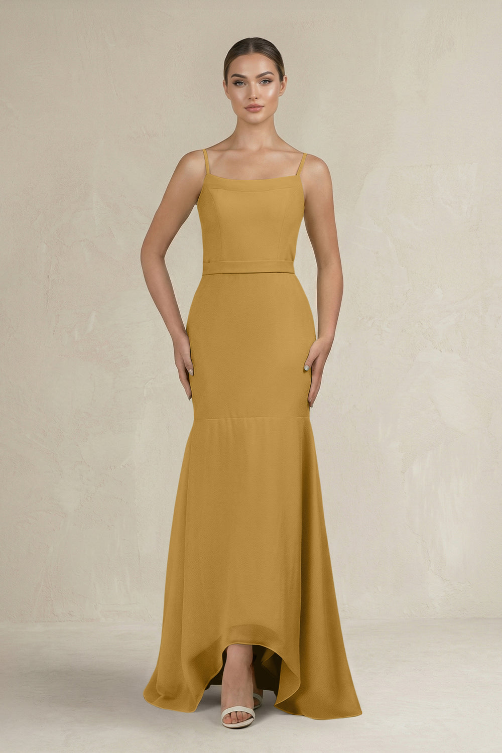 Cami Strap Mermaid Ruffled Chiffon Bridesmaid Dress in Marigold