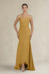 Cami Strap Mermaid Ruffled Chiffon Bridesmaid Dress in Marigold | KISSBRIDAL