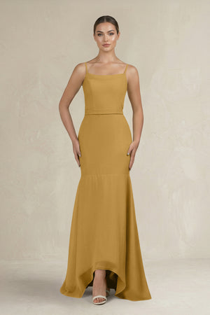 Cami Strap Mermaid Ruffled Chiffon Bridesmaid Dress in Marigold | KISSBRIDAL