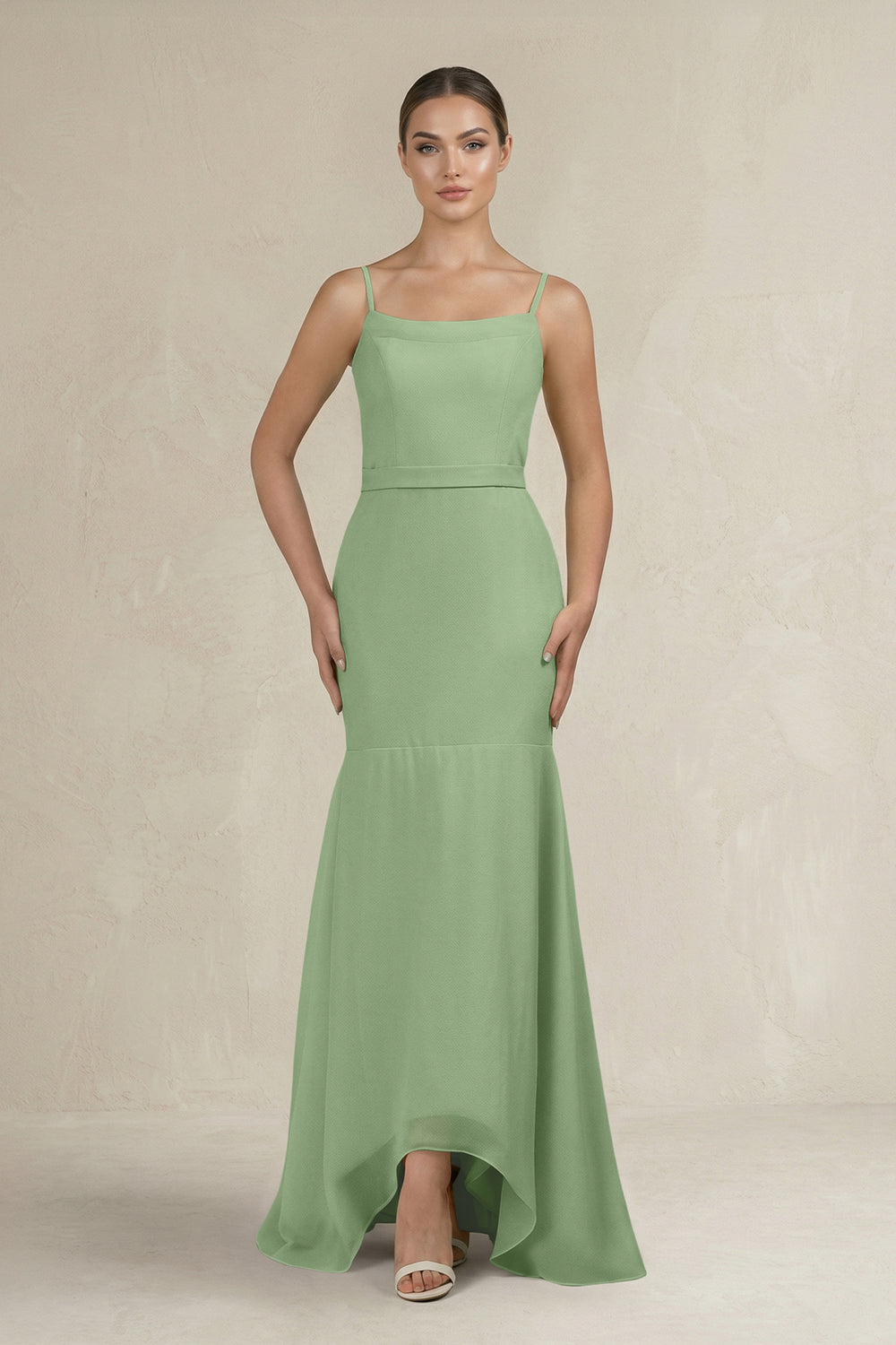 Cami Strap Mermaid Ruffled Chiffon Bridesmaid Dress in Matcha