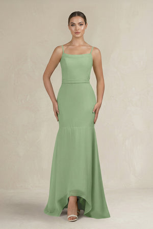 Cami Strap Mermaid Ruffled Chiffon Bridesmaid Dress in Matcha | KISSBRIDAL