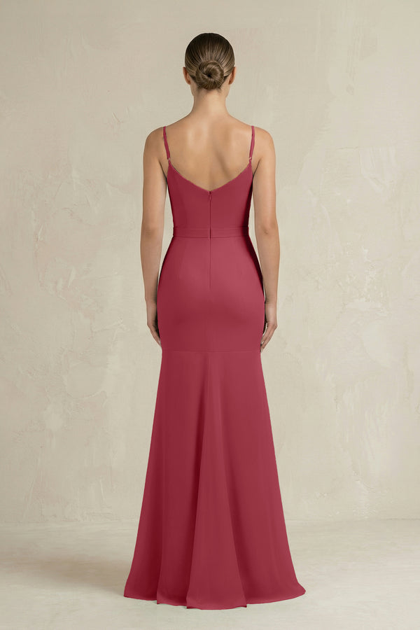 Cami Strap Mermaid Ruffled Chiffon Bridesmaid Dress in Merlot (2) | KISSBRIDAL