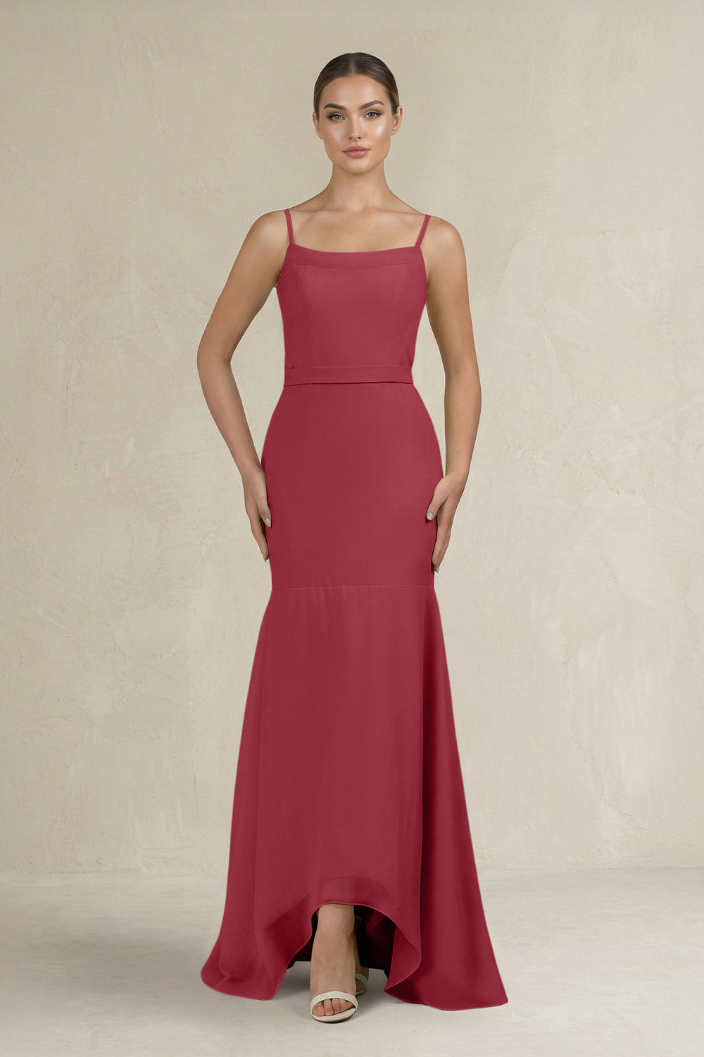 Cami Strap Mermaid Ruffled Chiffon Bridesmaid Dress in Merlot