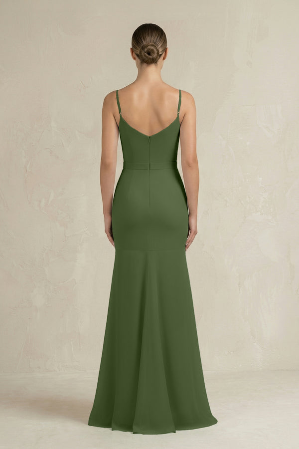 Cami Strap Mermaid Ruffled Chiffon Bridesmaid Dress in Moss (2) | KISSBRIDAL