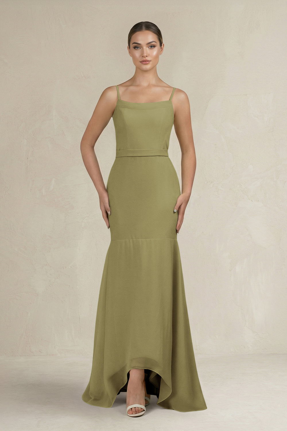 Cami Strap Mermaid Ruffled Chiffon Bridesmaid Dress in Moss Green