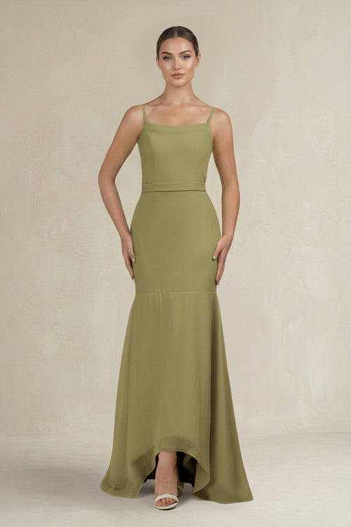 Cami Strap Mermaid Ruffled Chiffon Bridesmaid Dress in Moss Green | KISSBRIDAL