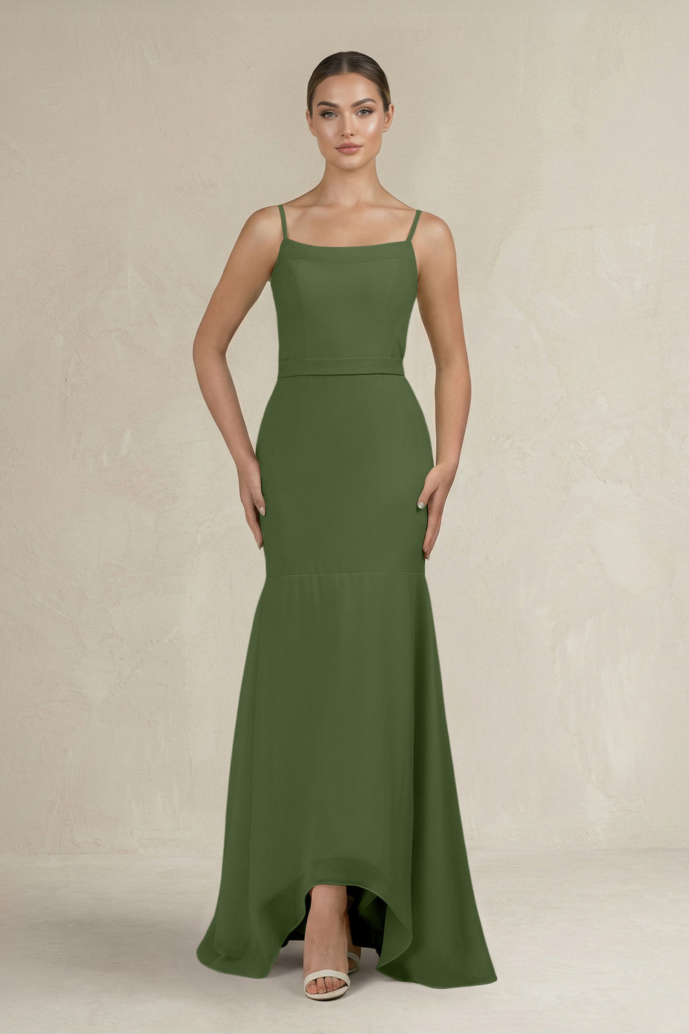 Cami Strap Mermaid Ruffled Chiffon Bridesmaid Dress in Moss