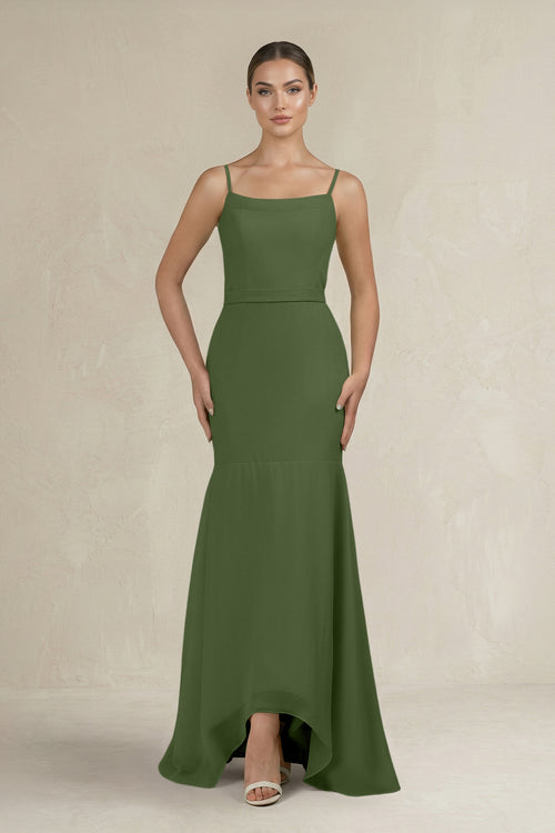 Cami Strap Mermaid Ruffled Chiffon Bridesmaid Dress in Moss | KISSBRIDAL