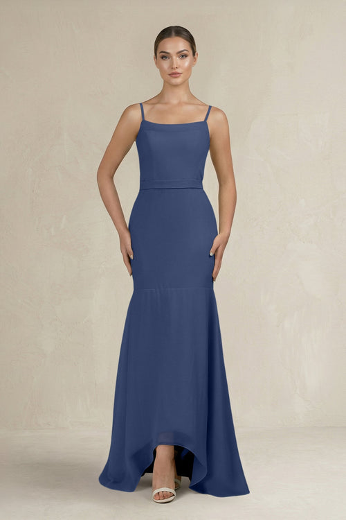 Cami Strap Mermaid Ruffled Chiffon Bridesmaid Dress in Navy - SHE IS ME Bridesmaid Dresses