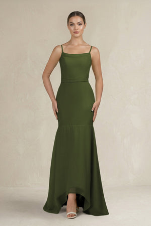 Cami Strap Mermaid Ruffled Chiffon Bridesmaid Dress in Olive - SHE IS ME Bridesmaid Dresses