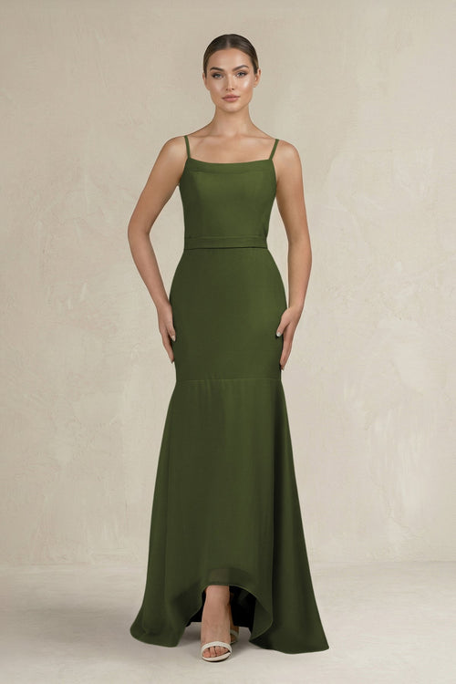 Cami Strap Mermaid Ruffled Chiffon Bridesmaid Dress in Olive - SHE IS ME Bridesmaid Dresses
