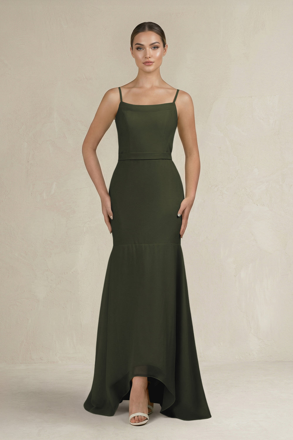 Cami Strap Mermaid Ruffled Chiffon Bridesmaid Dress in Olive