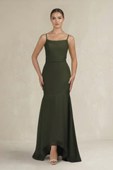 Cami Strap Mermaid Ruffled Chiffon Bridesmaid Dress in Olive | KISSBRIDAL