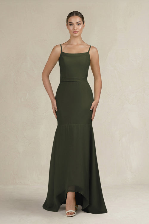 Cami Strap Mermaid Ruffled Chiffon Bridesmaid Dress in Olive | KISSBRIDAL