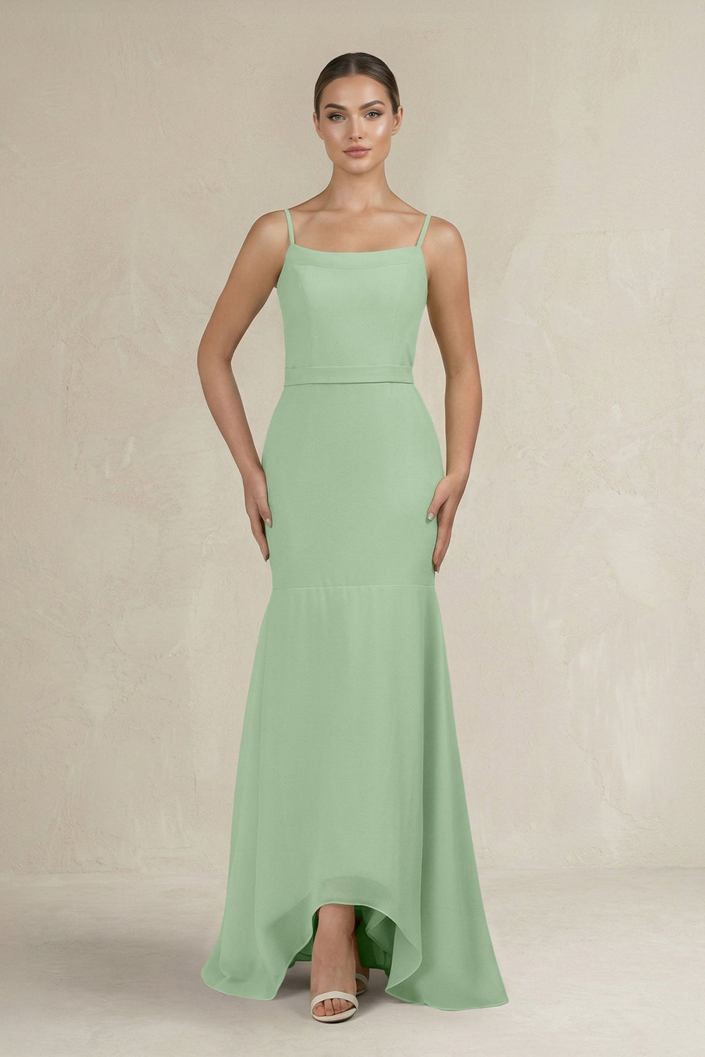 Cami Strap Mermaid Ruffled Chiffon Bridesmaid Dress in Sage - SHE IS ME Bridesmaid Dresses