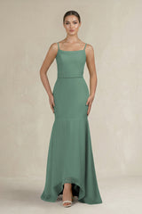 Cami Strap Mermaid Ruffled Chiffon Bridesmaid Dress in Sea Glass | KISSBRIDAL