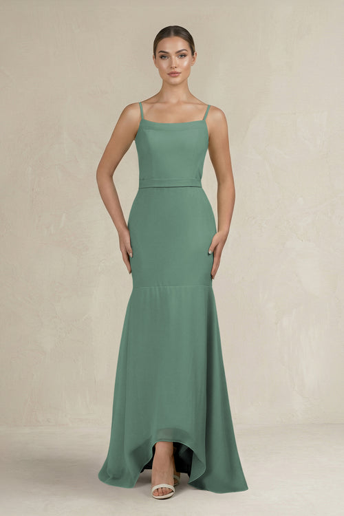 Cami Strap Mermaid Ruffled Chiffon Bridesmaid Dress in Sea Glass | KISSBRIDAL