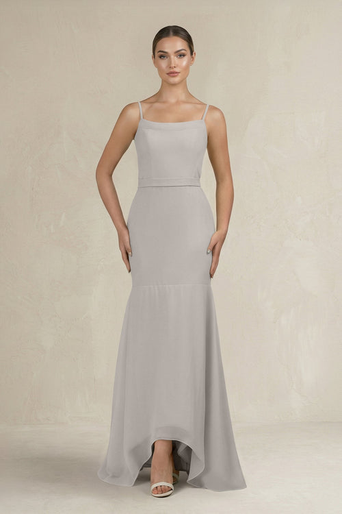 Cami Strap Mermaid Ruffled Chiffon Bridesmaid Dress in Silver - SHE IS ME Bridesmaid Dresses