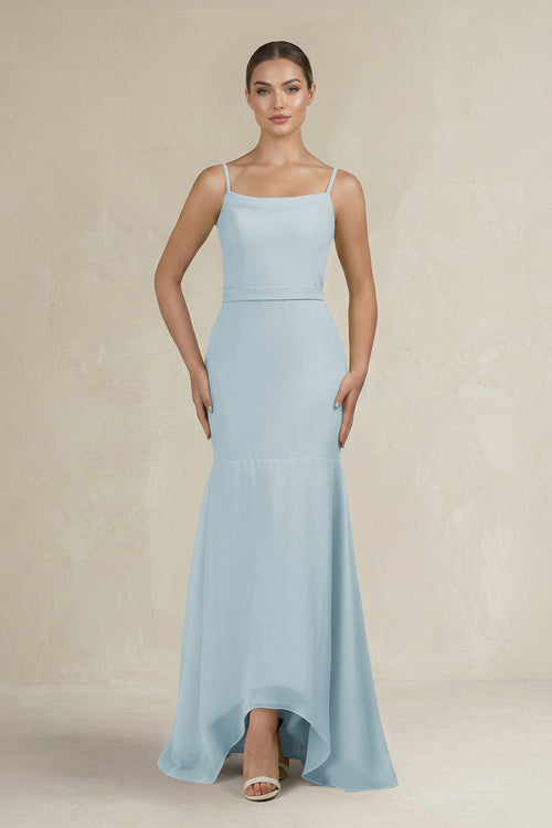 Cami Strap Mermaid Ruffled Chiffon Bridesmaid Dress in Sky Blue | KISSBRIDAL