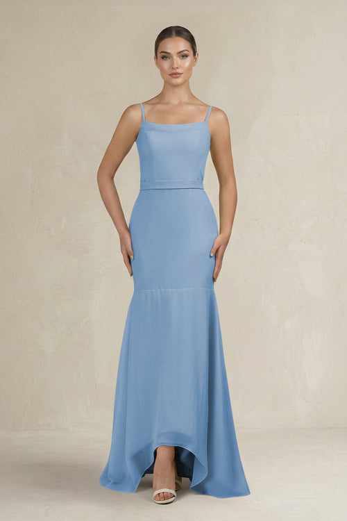 Cami Strap Mermaid Ruffled Chiffon Bridesmaid Dress in Steel Blue | KISSBRIDAL