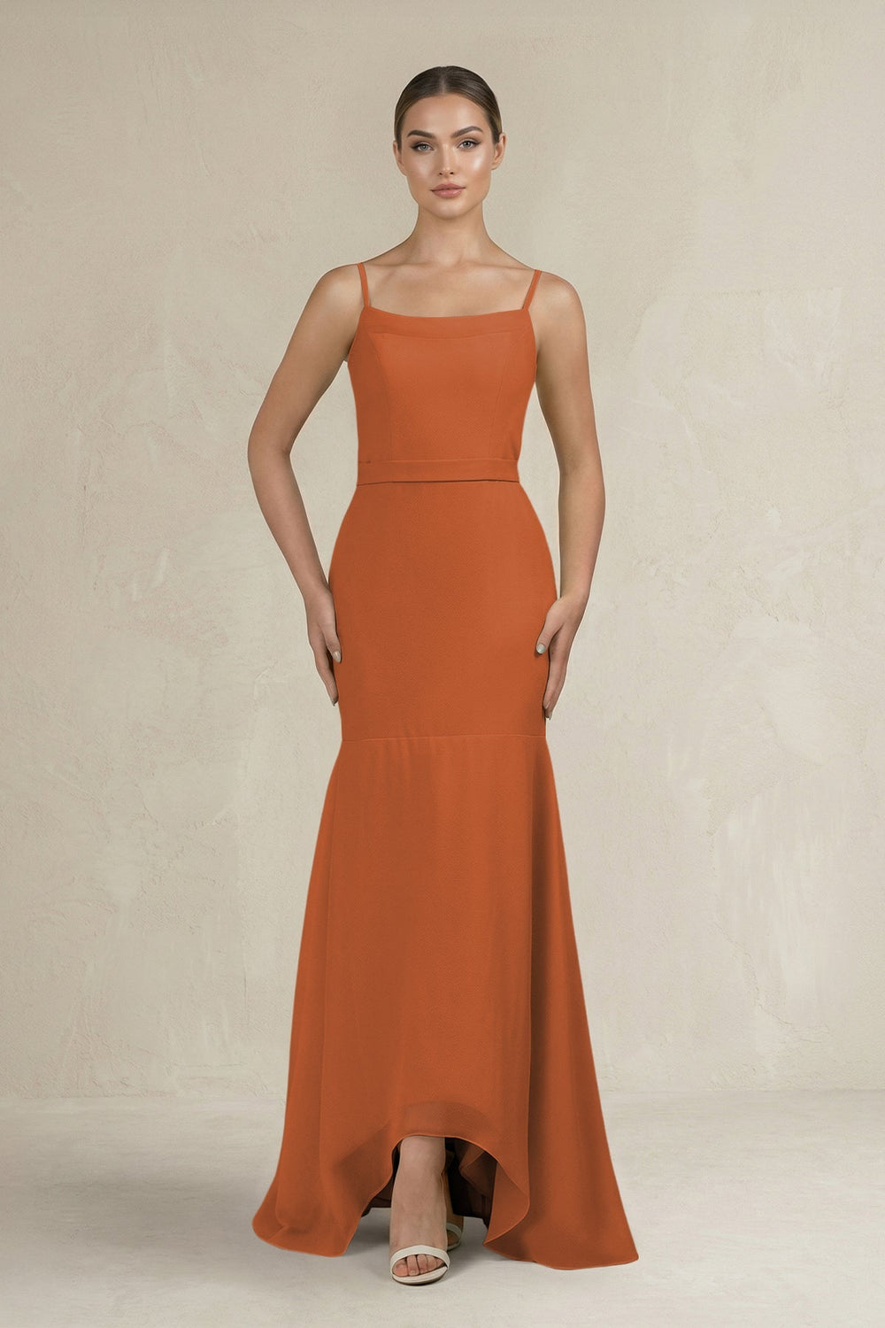 Cami Strap Mermaid Ruffled Chiffon Bridesmaid Dress in Terracotta - SHE IS ME Bridesmaid Dresses