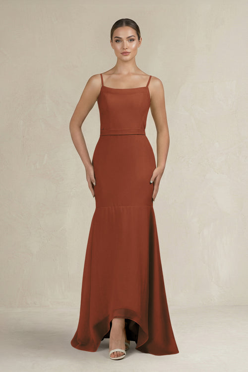 Cami Strap Mermaid Ruffled Chiffon Bridesmaid Dress in Terracotta | KISSBRIDAL