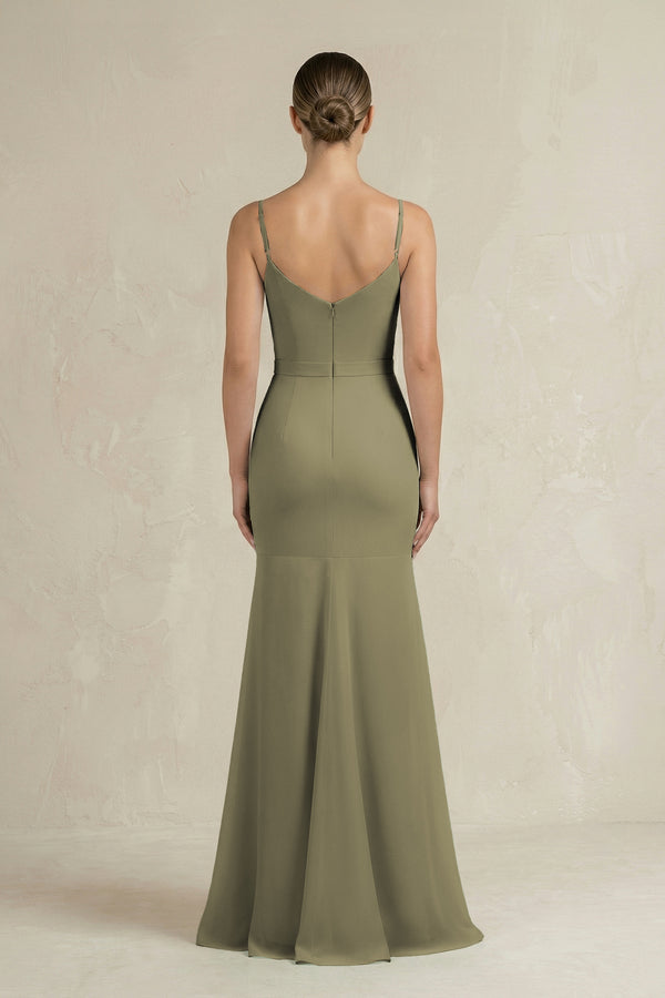 Cami Strap Mermaid Ruffled Chiffon Bridesmaid Dress in Thyme (2) | KISSBRIDAL