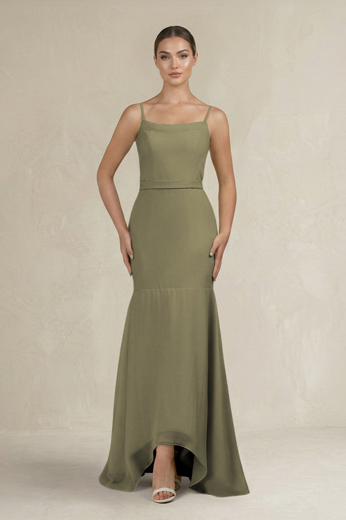 Cami Strap Mermaid Ruffled Chiffon Bridesmaid Dress in Thyme | KISSBRIDAL