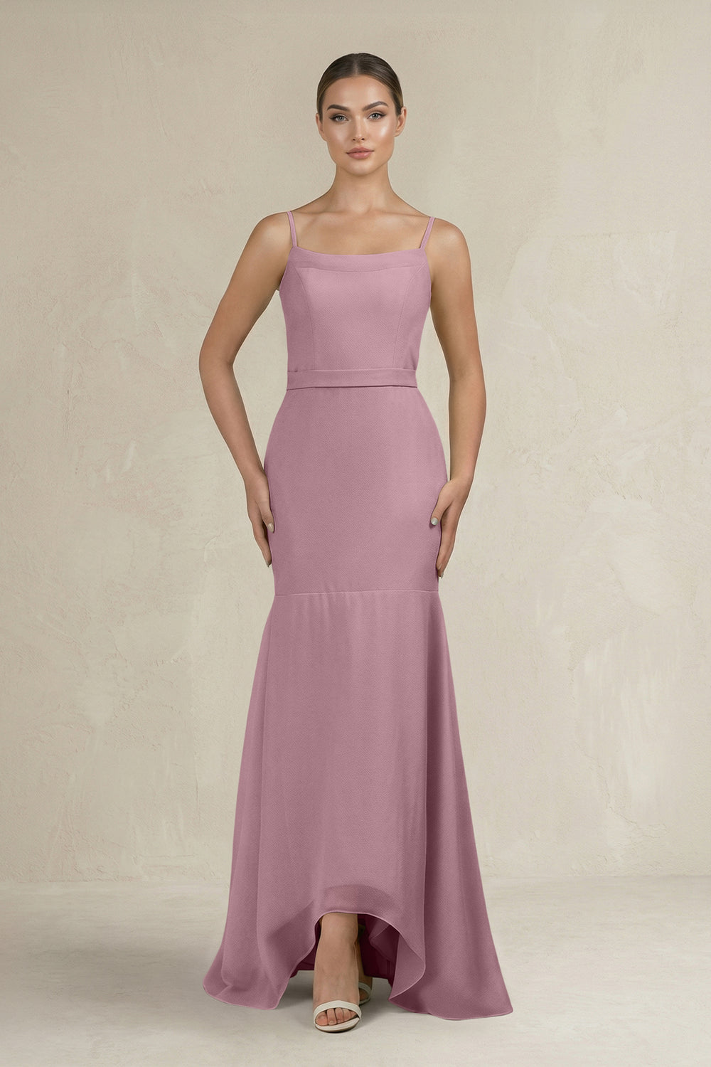 Cami Strap Mermaid Ruffled Chiffon Bridesmaid Dress in Vintage Mauve