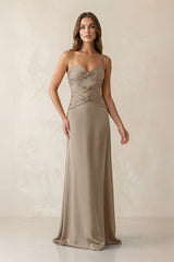 Cami Strap Pleated Sheath Satin Bridesmaid Dress in Almond - KISS BRIDAL Bridesmaid Dresses