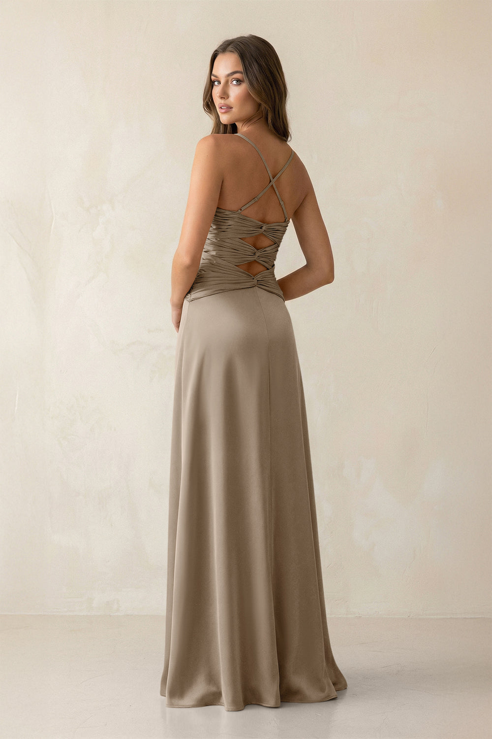 Cami Strap Pleated Sheath Satin Bridesmaid Dress in Almond