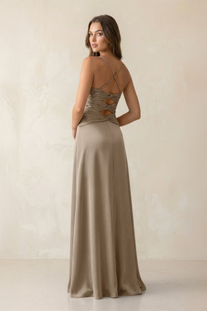 Cami Strap Pleated Sheath Satin Bridesmaid Dress in Almond (2) | KISSBRIDAL