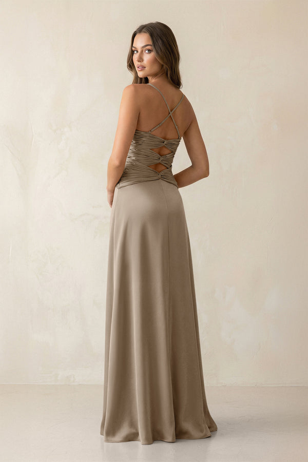 Cami Strap Pleated Sheath Satin Bridesmaid Dress in Almond (2) | KISSBRIDAL