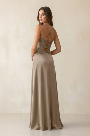 Cami Strap Pleated Sheath Satin Bridesmaid Dress in Almond - KISS BRIDAL Bridesmaid Dresses