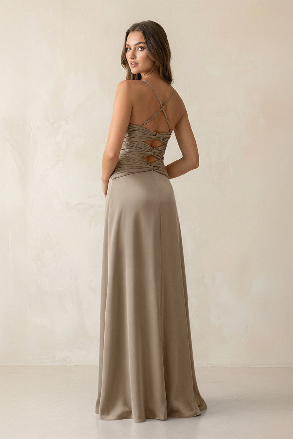 Cami Strap Pleated Sheath Satin Bridesmaid Dress in Almond - KISS BRIDAL Bridesmaid Dresses