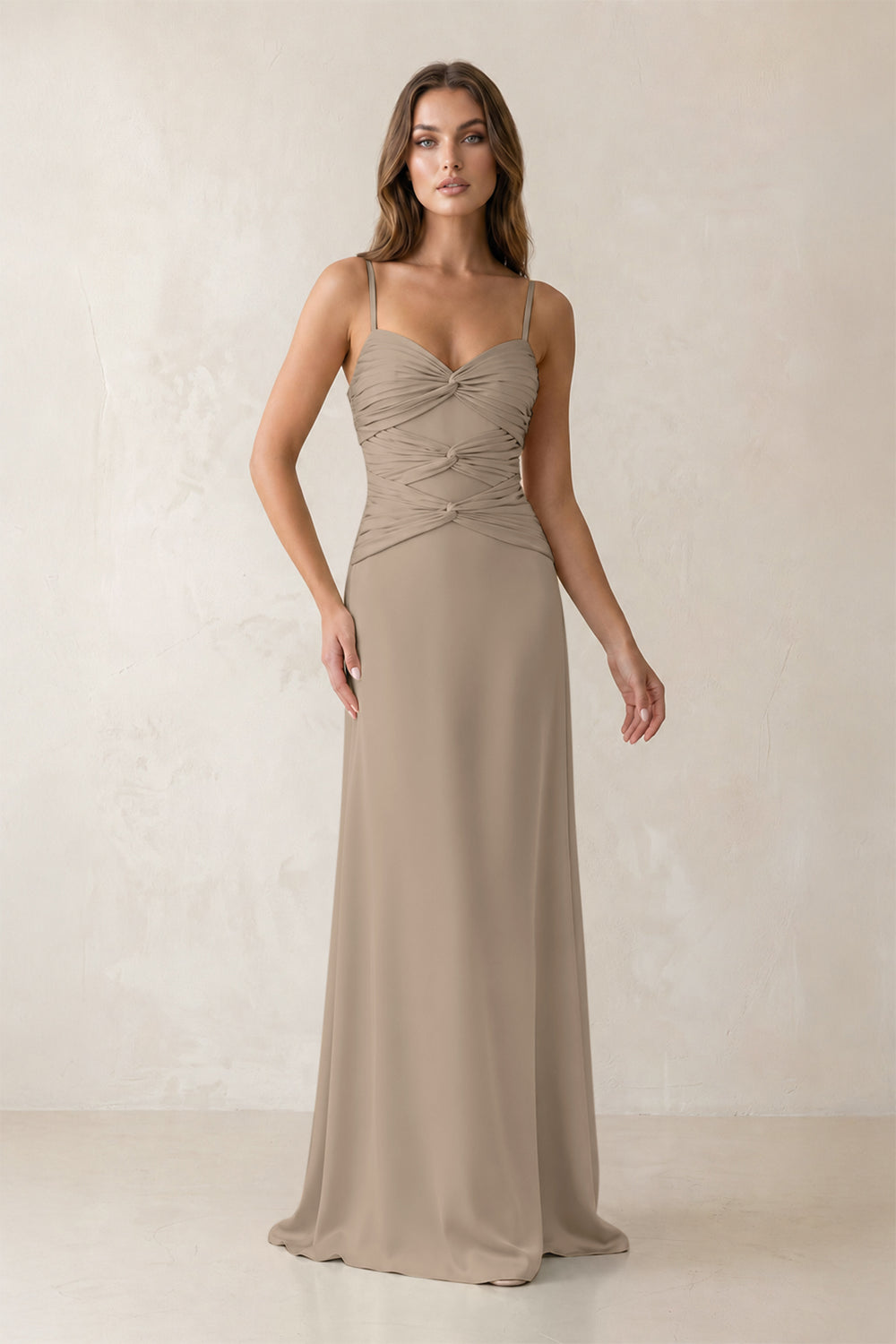 Cami Strap Pleated Sheath Satin Bridesmaid Dress in Almond