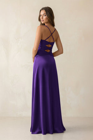 Cami Strap Pleated Sheath Satin Bridesmaid Dress in Amethyst - KISS BRIDAL Bridesmaid Dresses